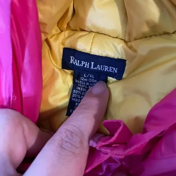 VTG Ralph Lauren Goose Down SnowSuit Bunting 12m-24m Pink & Yellow Puffer Zipper - Picture 5 of 11